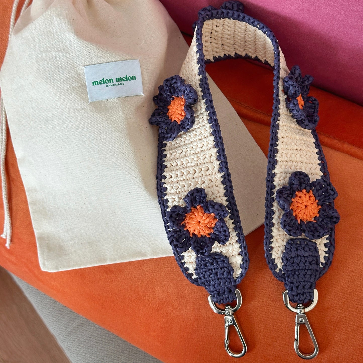 Raffia Flower Bag Strap (orange/navy)