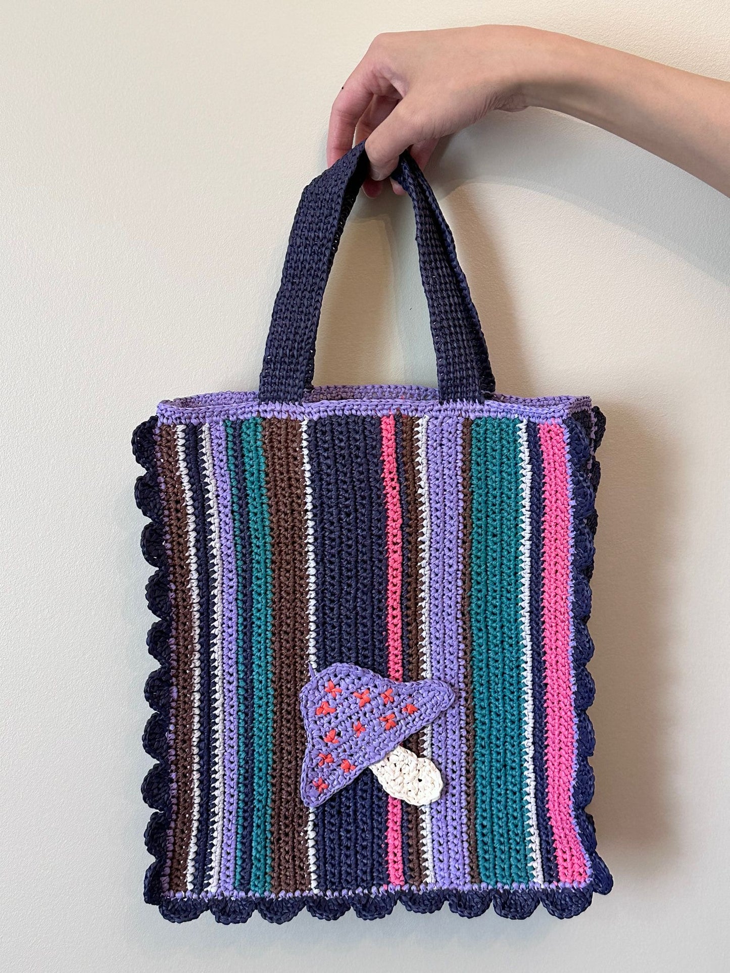 Biodegradable plant fiber raffia bag with mushroom motif handmade