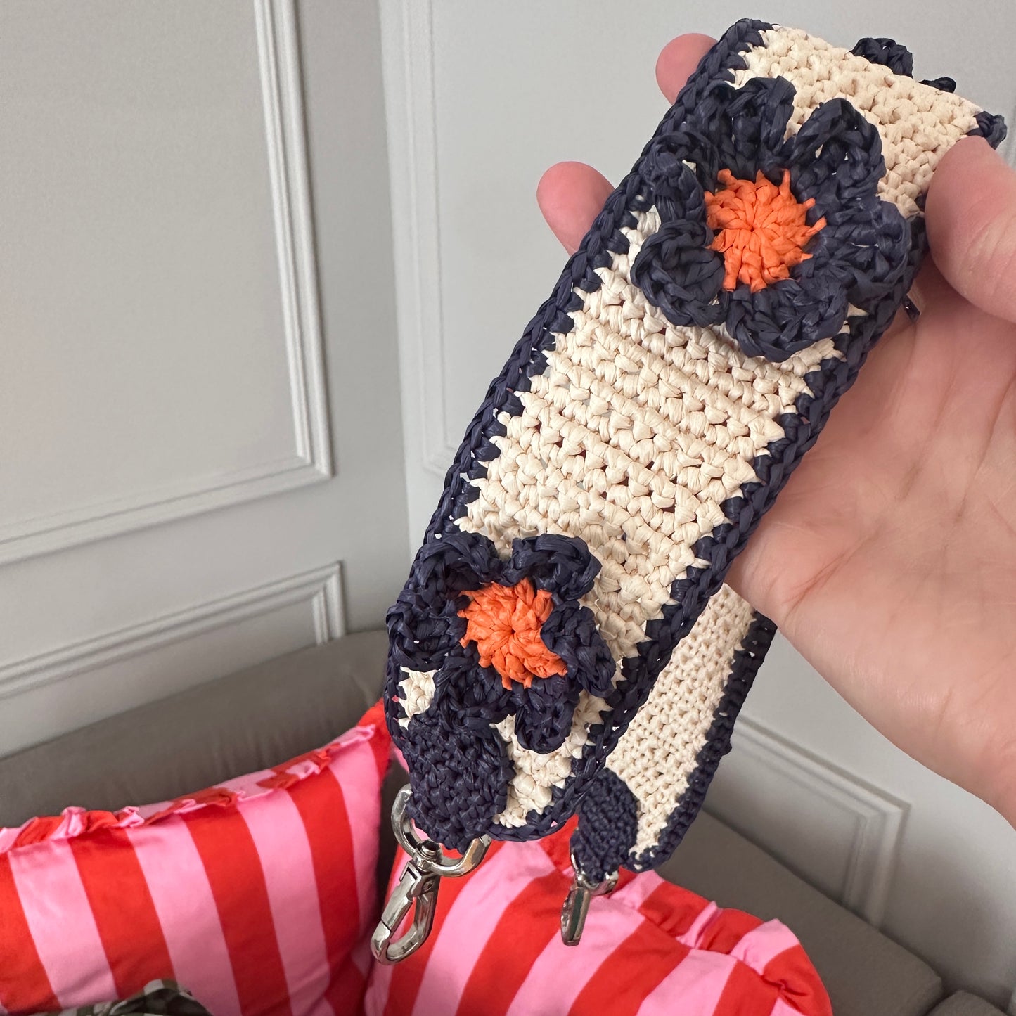 Raffia Flower Bag Strap (orange/navy)