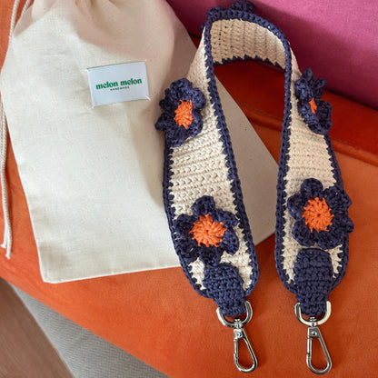 Raffia Flower Bag Strap (orange/navy)