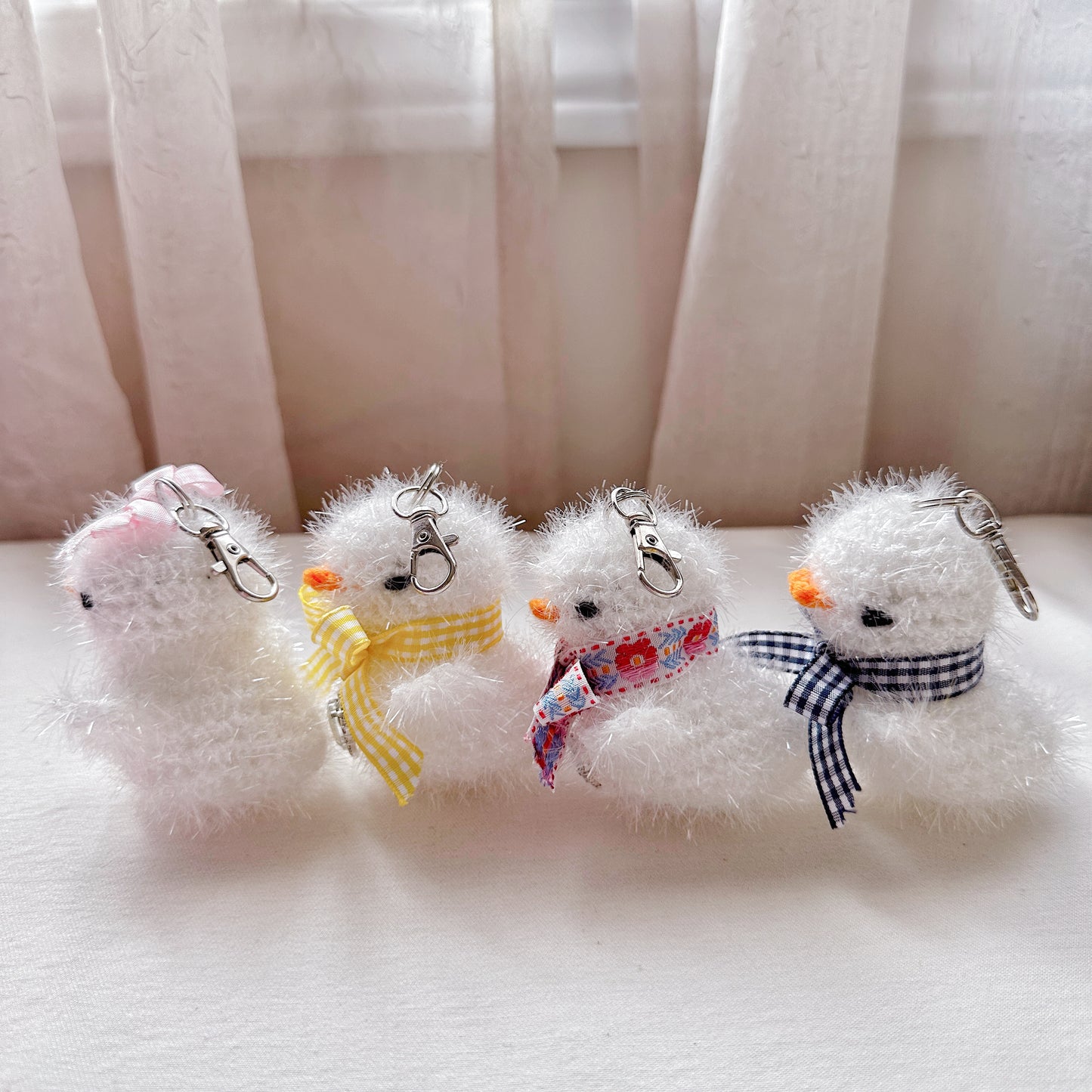 White Jewel Duck Keychain Pink Blue Ribbon