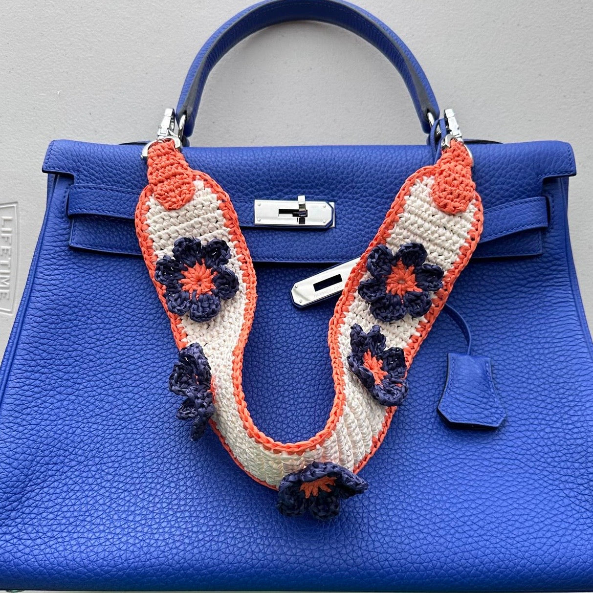 Raffia Flower Bag Strap (Orange and Dark Blue)