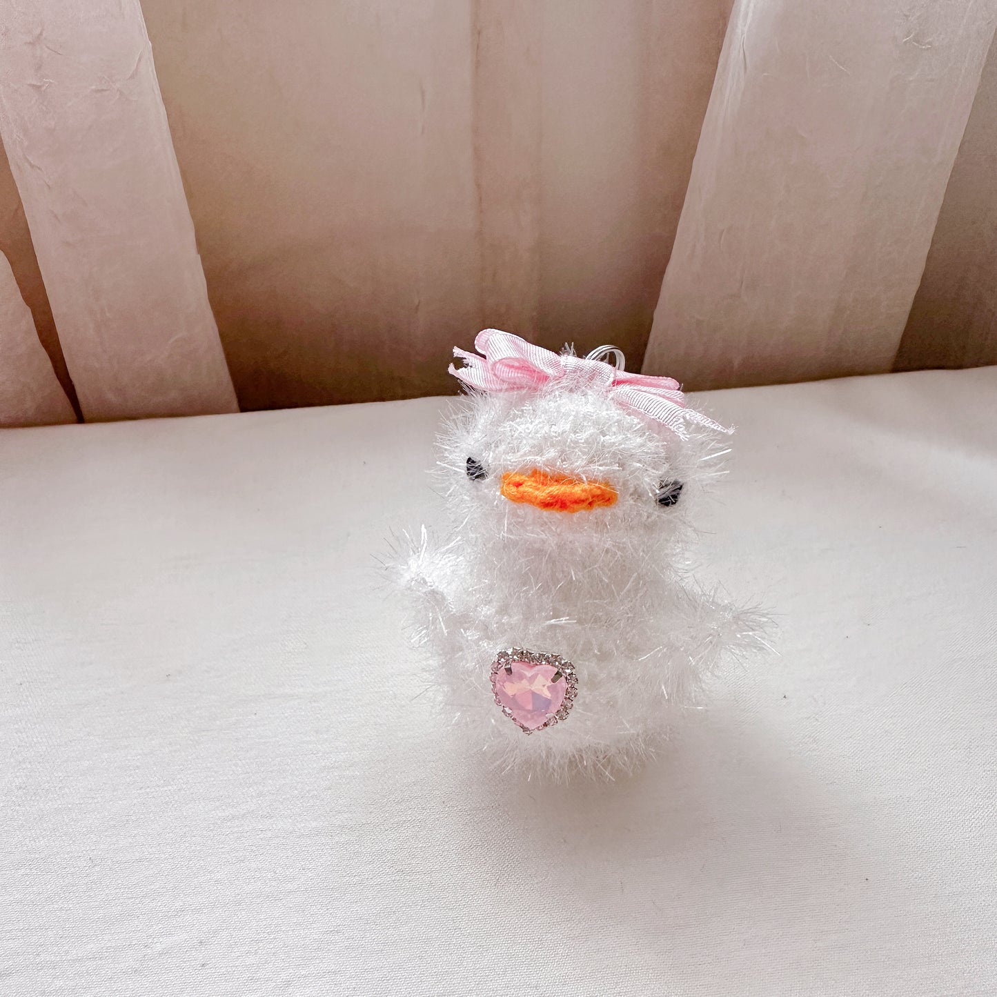 White Jewel Duck Keychain Pink Ribbon