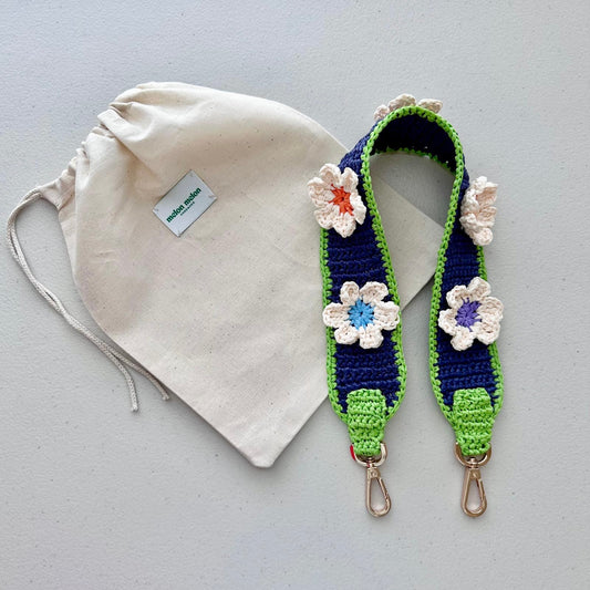 Raffia Flower Bag Strap (navy/lime green)