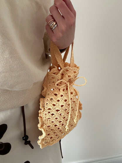 Raffia Ruffle Drawstring Bag - Beige