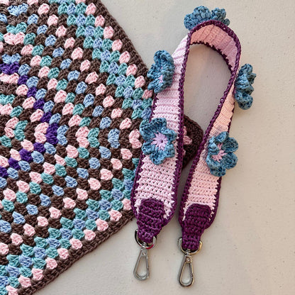 Raffia Flower Bag Strap (plum/blue jeans)